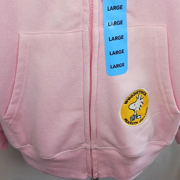 PEANUTS Snoopy Full Zip Hoodie Woodstock Embroidered Sweatshirt Pink Size L NEW - Picture 9 of 16